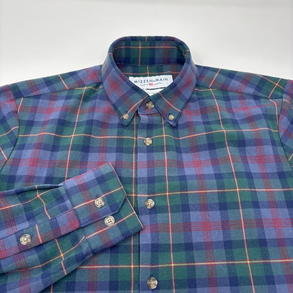 Mizzen & Main Small Green‎ Blue Plaid Check Trim Fit Long Sleeve Button Shirt